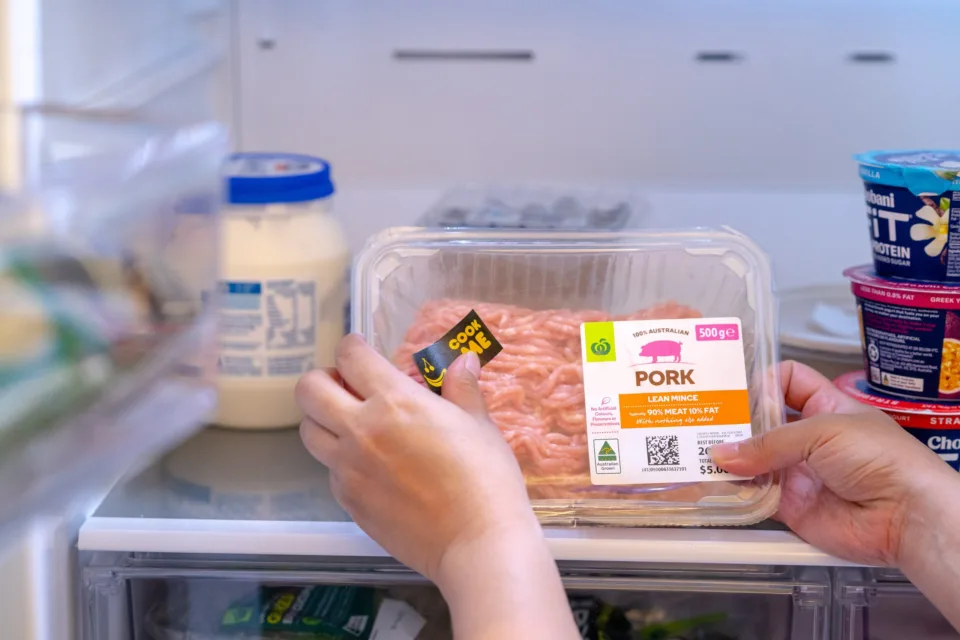 Pork mince in a fridge with the USE IT UP tape on it