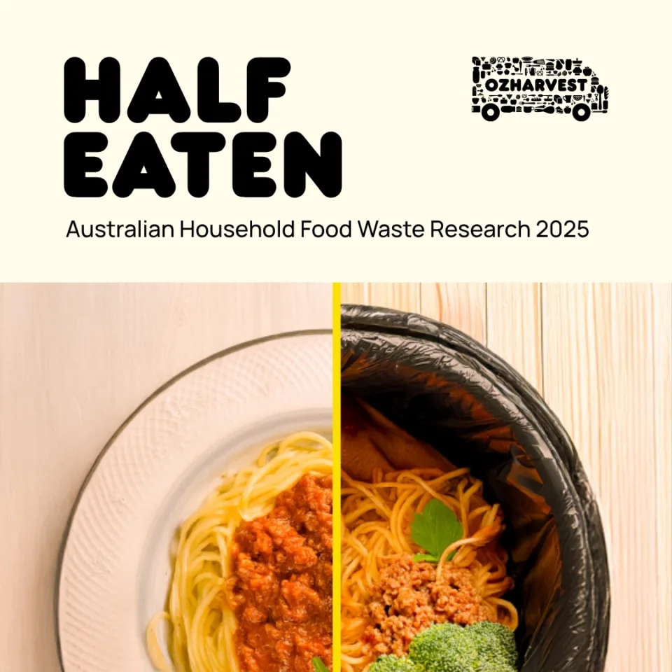 Half plate of spaghetti and half food waste bin 'Half eaten, Australian Household food waste research 2025'.
