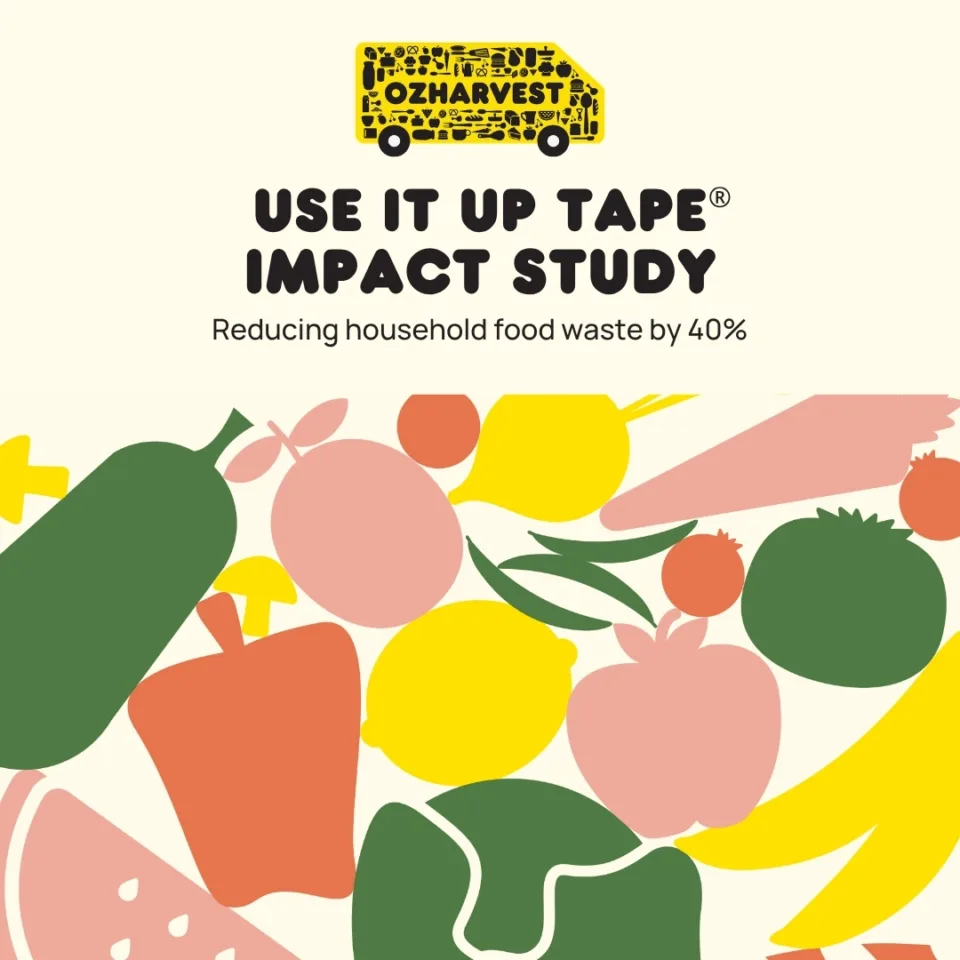 OzHarvest graphic of multi-coloured food items 'Use It Up Tape impact study, reducing household food waste by 40%'.
